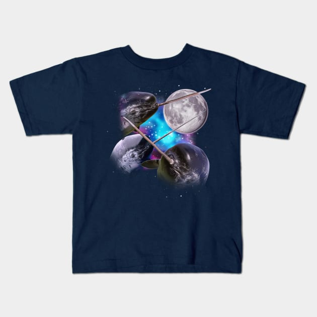 Three Narwhals Howl at the Moon Kids T-Shirt by darklordpug